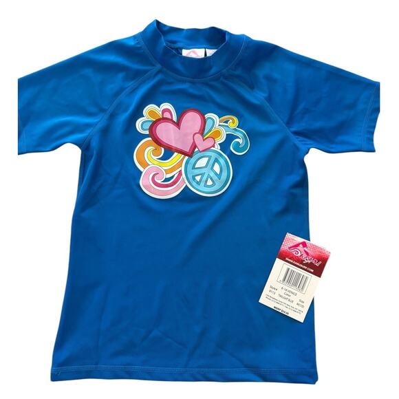 Girls Swim Sun Protection Shirt Peace Love UPF 50 Rashguard Blue M 10 - Picture 1 of 5